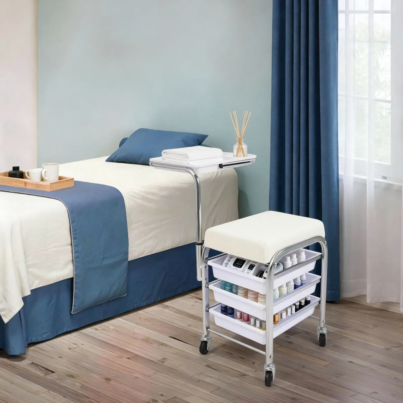 White Manicure Tool Trolley 3-Tier Storage Compartments Height Adjustable Tool Tray 4 Universal Wheels 100kg Load Salon Rolling Cart with PVC Cushion