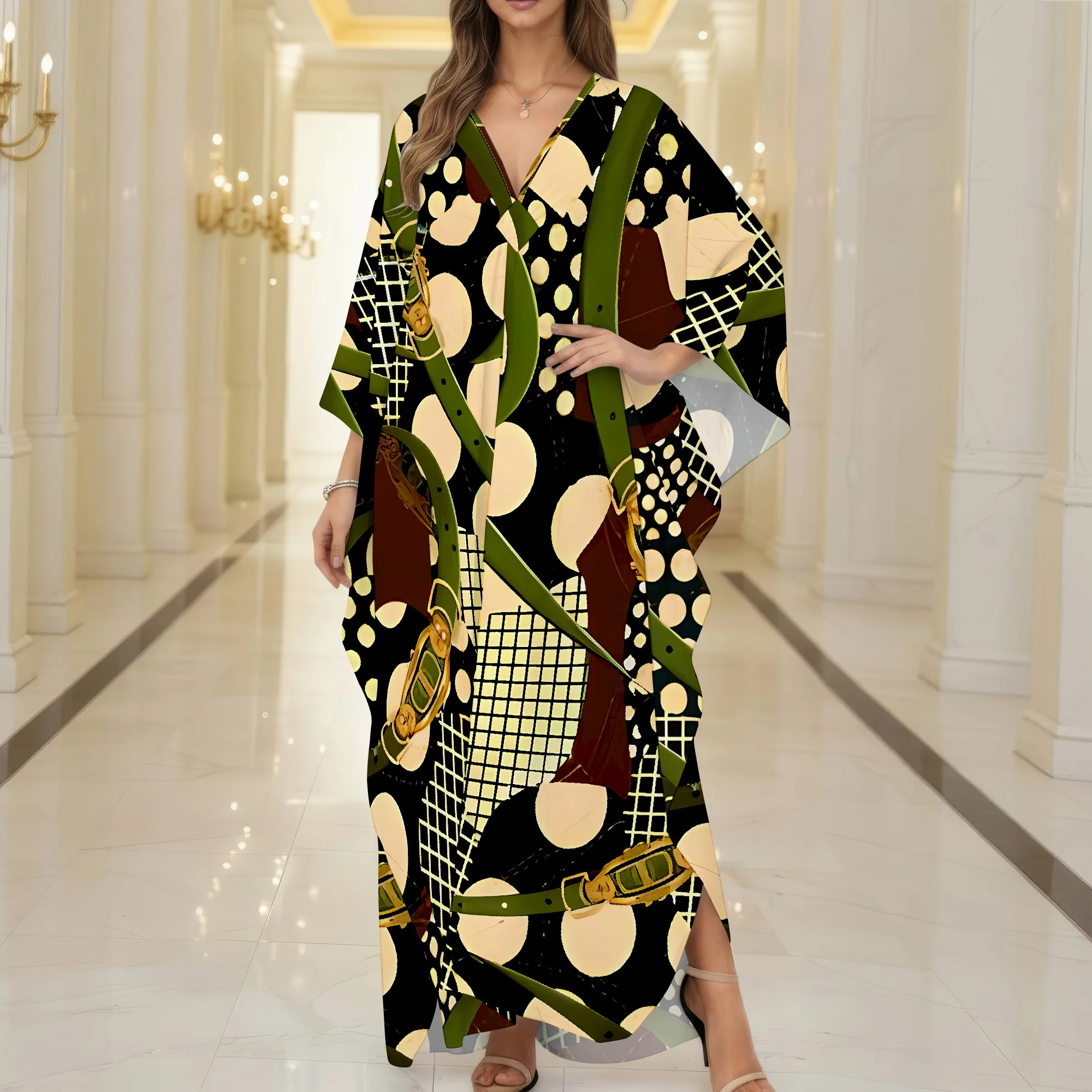 

Women's Summer and Autumn Fashion 3D Printed Style, V-neck Casual Home Pocket Free Dress (One Size)