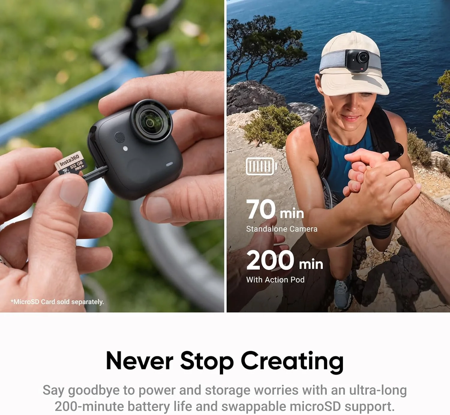 Cámara de acción Insta360 GO Ultra, ligera, POV, manos libres, 4K a 60fps Ultra-HD, estabilización magnética FlowState, Insta360 GO Ultra 8