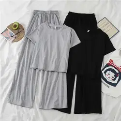 Women's Pajamas Soft Cotton 2 Pieces Pajamas Set Black Gray Casual Round Neck Ladies Top Loose Trousers Homewear Suit Clothes