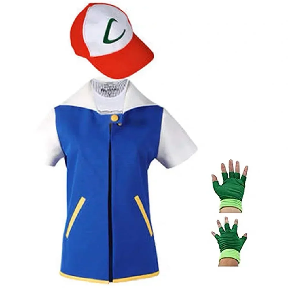 Cosplay Pokemon Männer Anime Blaue Jacke Kostüm Jungen Mädchen Ash Ketchum Cosplay für Party Trainer Pokemon Kappe Handschuhe Set