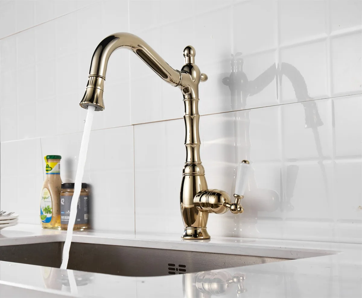 Kitchen Faucets European Style Sink Faucet Swivel Spout Ceramic Handle Rotation Pull Out Gold Solid Brass  Water Taps