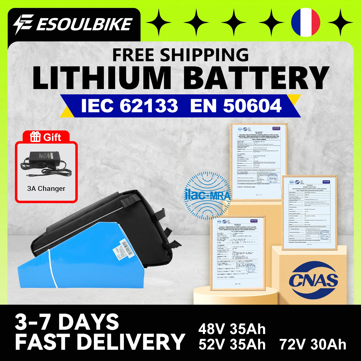 Batterie lithium triangle 48V 35AH pour vélo électrique, batterie 52V 35A, 72V 30A, BMS d'origine, cellules 21700, pour 1000W, 2000W, 3000W