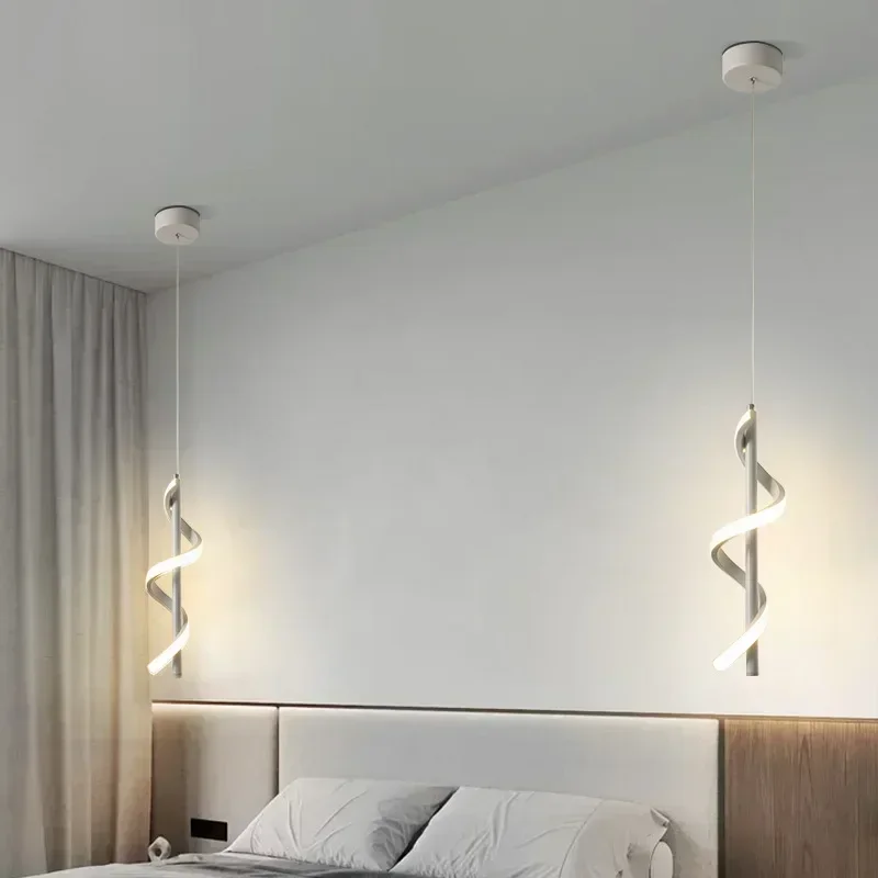 

Modern Minimalist Bedhead LED Chandelier High-end Creamy Style Designer Long Hanging Line Bedroom Small Chande