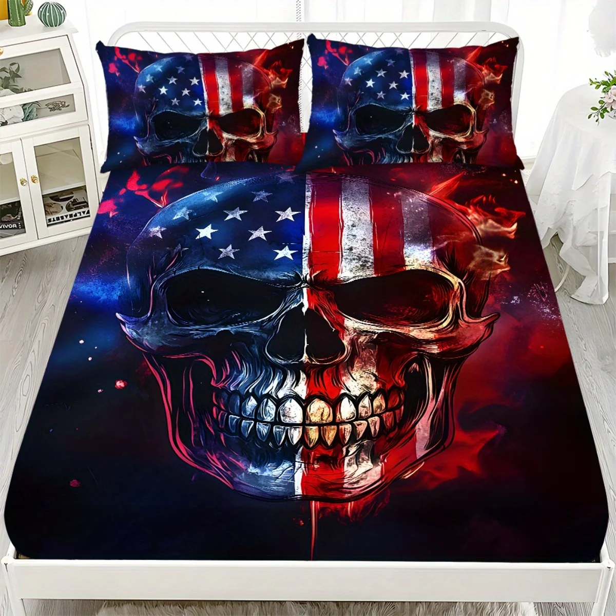 Star and stripe skull pattern mattress protector, breathable and comfortable mattress protector, made of breathable polyester material (includes 1 fitted sheet + 2 pillowcases). Mattress protector, fitted sheet style with elastic edges, protective cover, mattress cover, fitted sheet bedding, Christmas-themed bedding