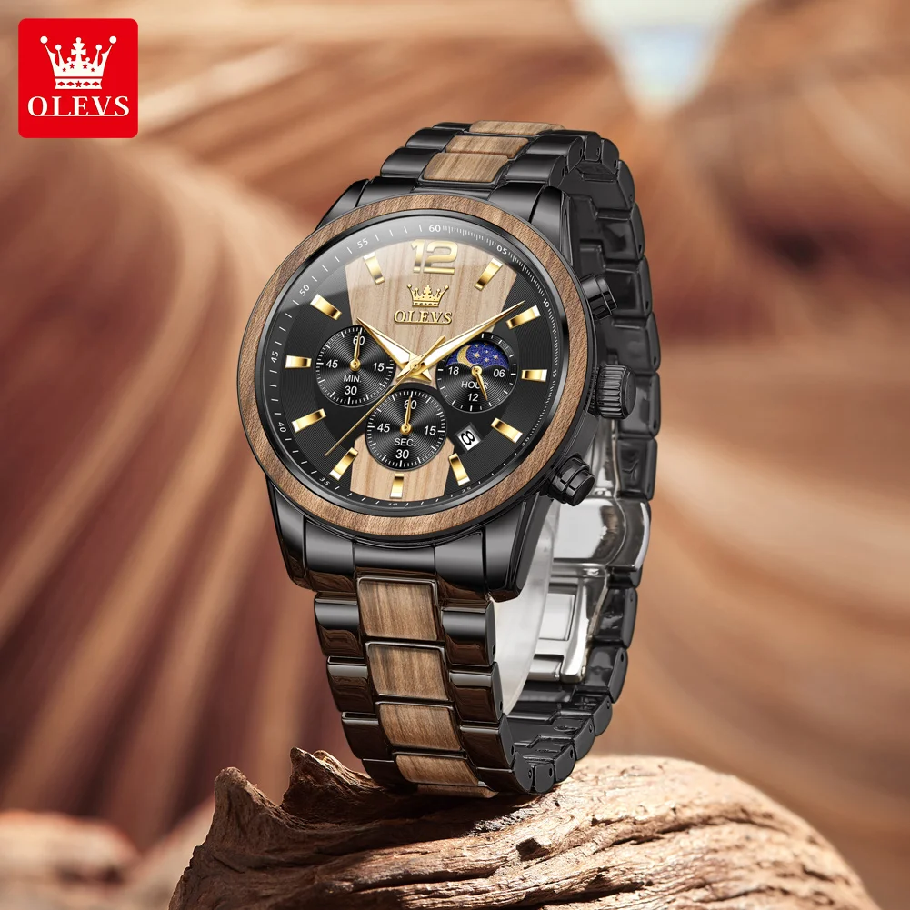 OLEVS 3645 Mens Watch Top Brand Business Original Quartz Watch Solid Wood Multifunctional Chronograph Watch Moon Phase Reloj New