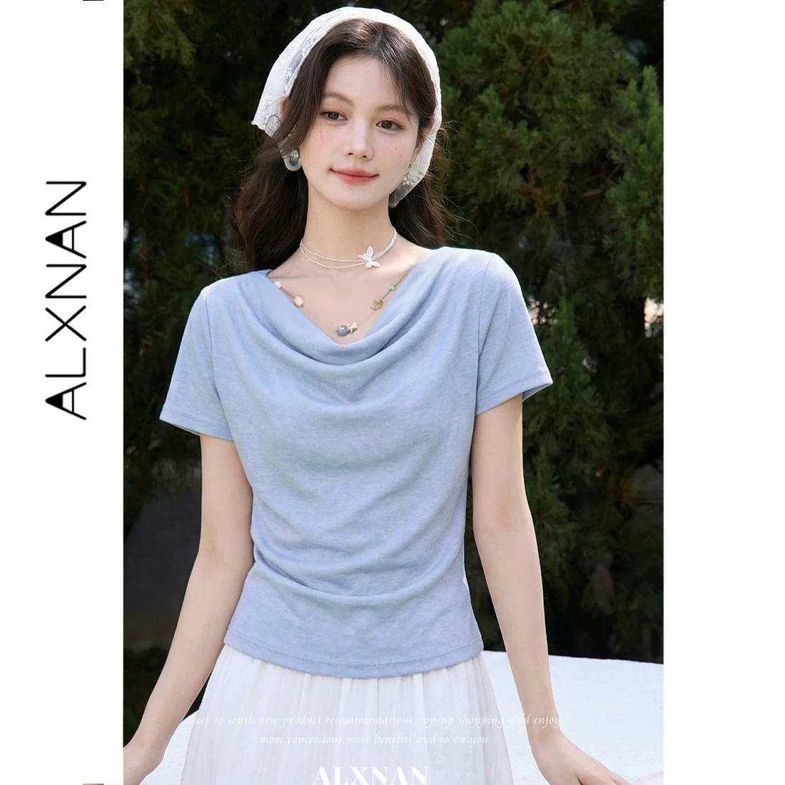 

ALXNAN Draped Neck T-shirt Women Blue Elegant Short Sleeve T-shirts 2026 Summer Casual Fashion Tops with Free Necklace L62892A
