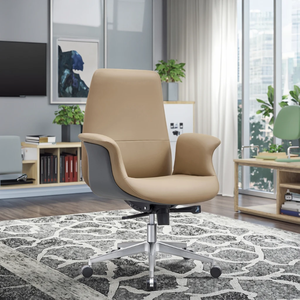 Cadeira de Escritório Ergonômica Giratória Moderna Barata com Base de Aço, Encosto de Cabeça e Apoio para os Pés Ajustáveis, em Couro e Tecido de Malh