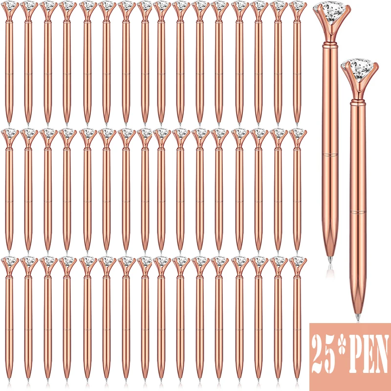 

25 шт., шариковая ручка из розового золота для женщин, ручки с кристаллами и бриллиантами, металлическая шариковая ручка с черными чернилами, офисные школьные принадлежности для свадебной вечеринки