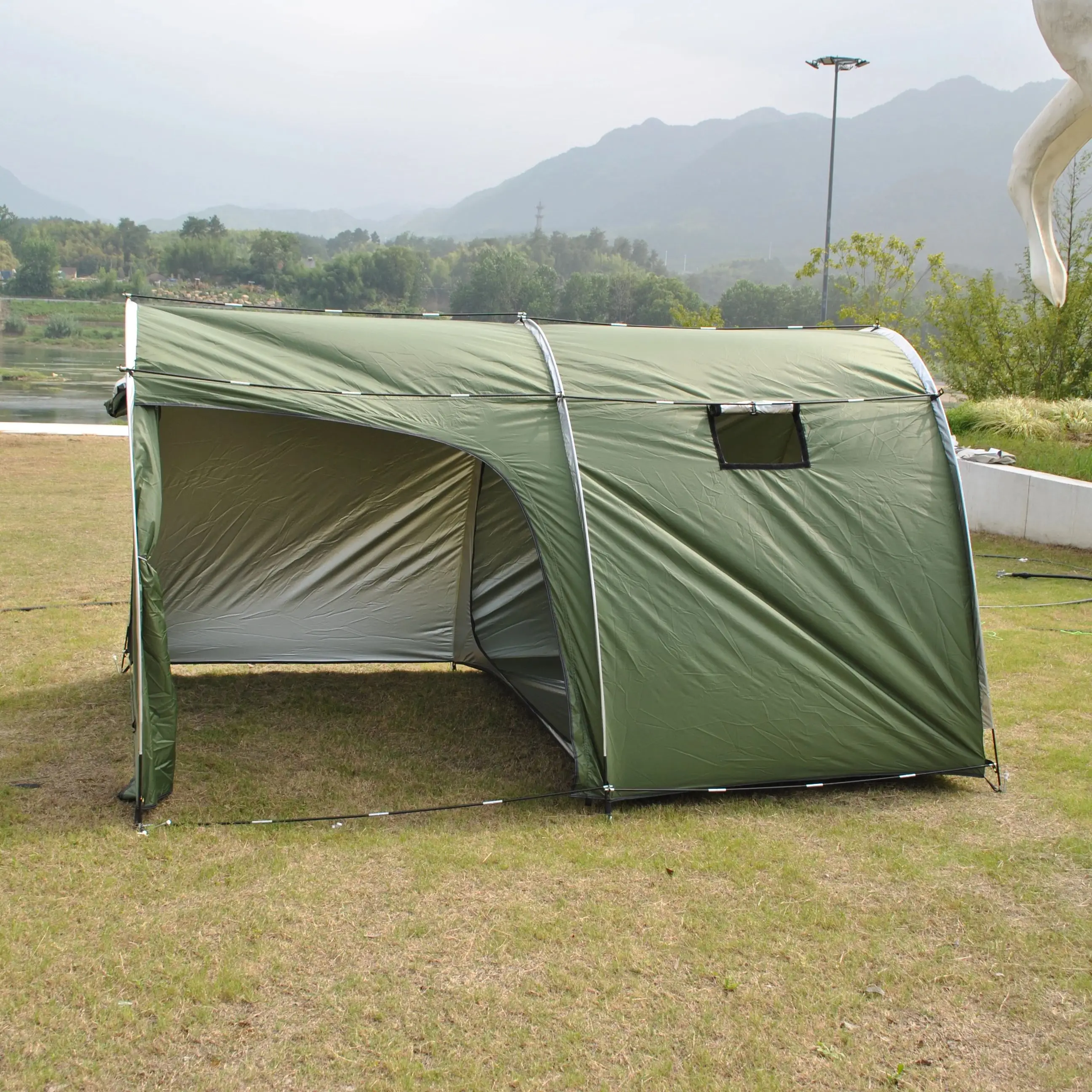 

Dual-Section Motorcycle Garage Shed 4 Bike/2-Moto Capacity, Mesh Door Separator, Vent Windows,with Pull-Out Sun Canopy