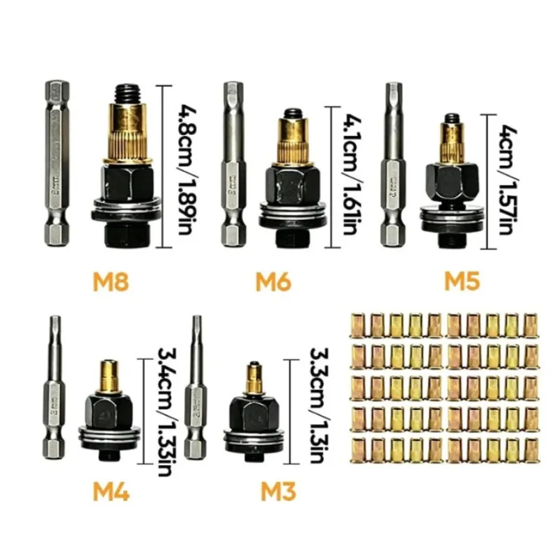 60pcs Hand Rivet Nut Tool Carbon Steel Riveter Rivnuts Gun Adapter with Rivet Nuts Hand Insert Tool M3 M4 M5 M6 M8
