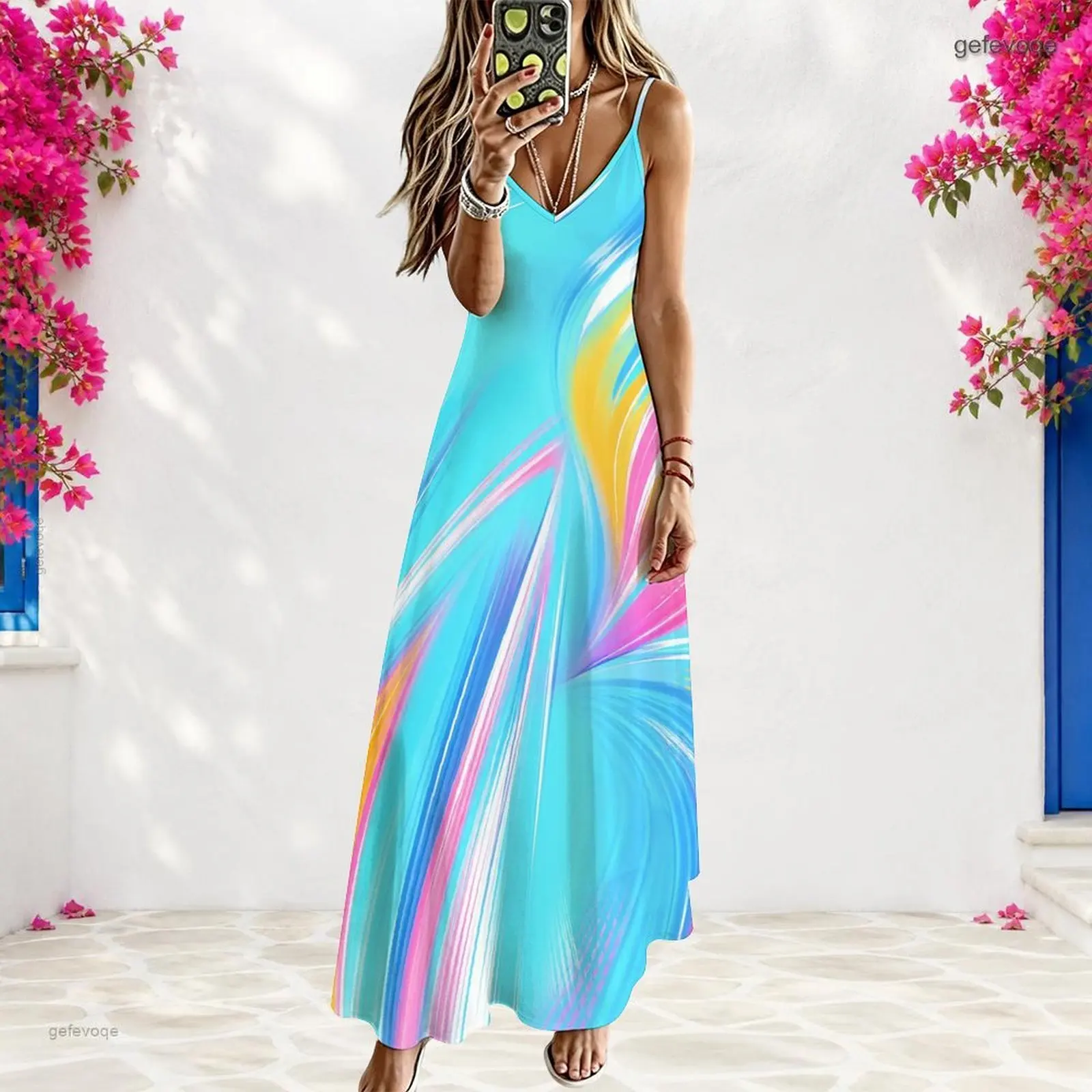 Women V Neck Strappy Sleeveless Black Base Colorful Paint Splash Print Long Dress