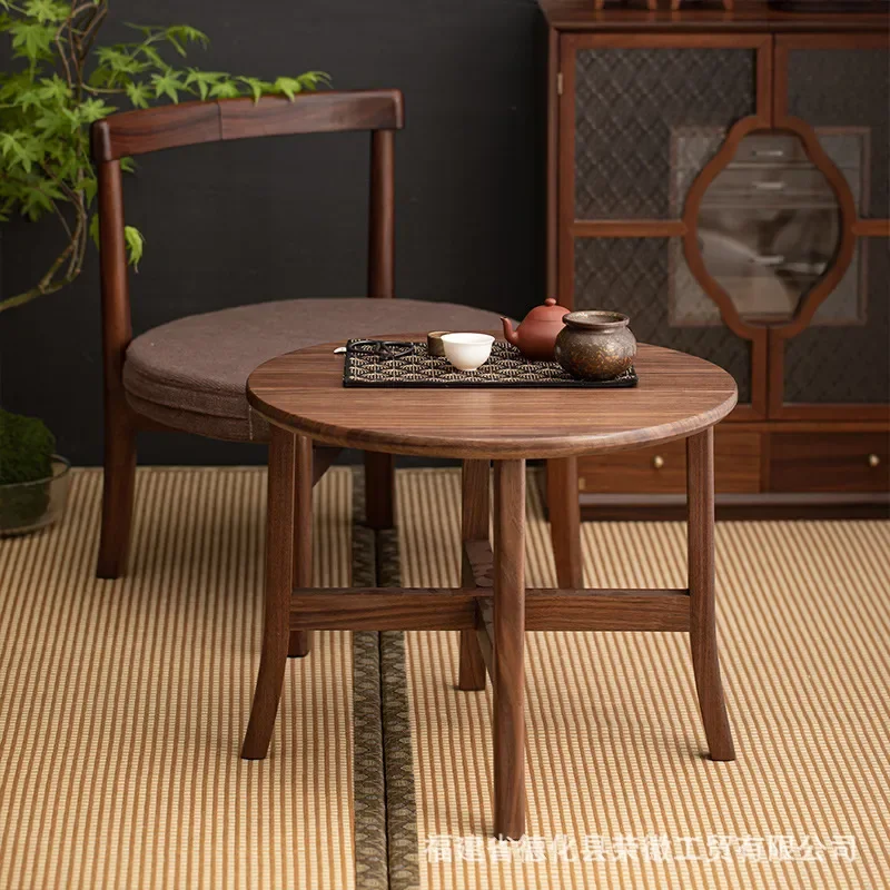 Walnut Round Folding Table Portable Half Moon Coffee Table for Balcony Bay Window Living Room Tatami Tea Room Outdoor Use