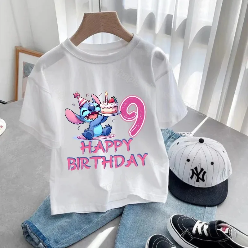 Anime Stitch Girl Birthday T-Shirt Summer Kids Number Tee Shirt Short Sleeve Children Tee Tops Cartoon Printed Toddler Clothes