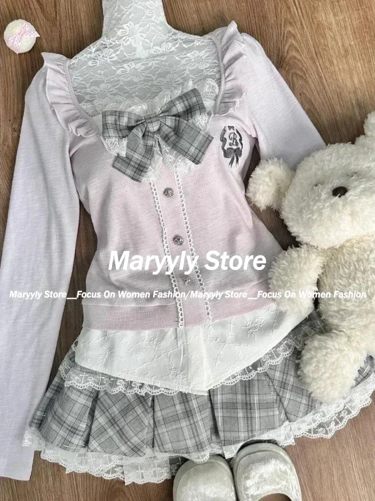 Japanese Sweet Preppy Style 2 Piece Set Women Kawaii Lace Patchwork Bow Tops + Y2k Plaid Mini Skirt Elegant Fashion Outifits New