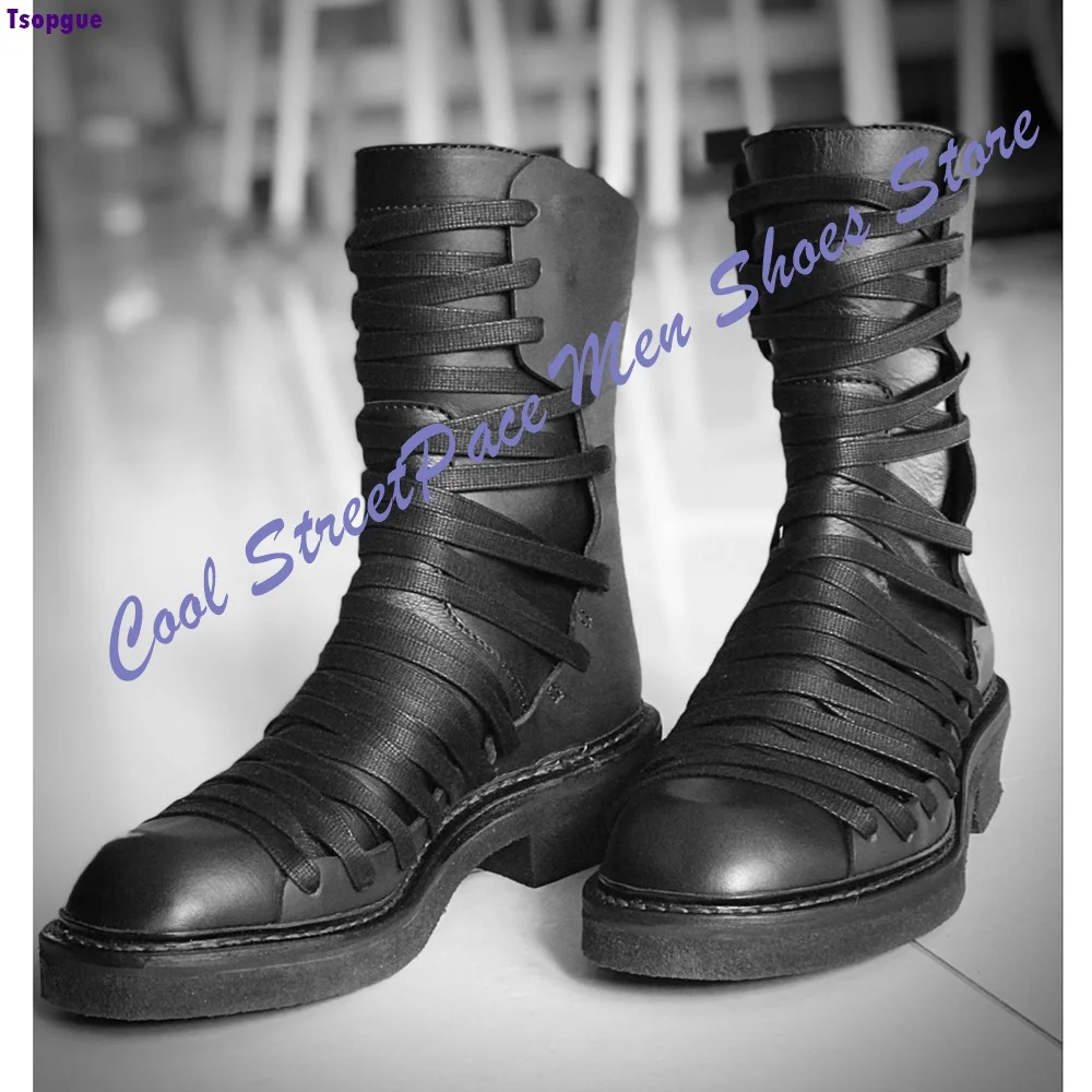Multi Wrap Cross Strap Mid Calf Boots Men Black Thick Platform Dark Streetwear Runway Handmade Fashion Cool Boy Short Boots