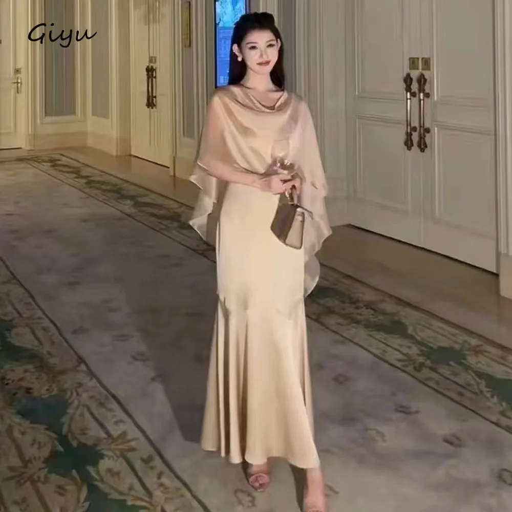 

Giyu Elegant Silk Evening Gown Dress Detachable shawl Ankle-Length Wedding Party Dress Vestidos De Fiesta Elegantes Para Mujer