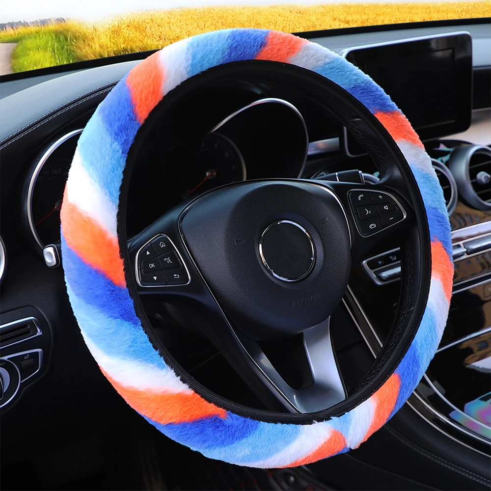 Warm Women's Hand Colored Striped Plush Steering Wheel Cover 14.5-15 Inch Car Interior Accessory Winter Plush Rimless