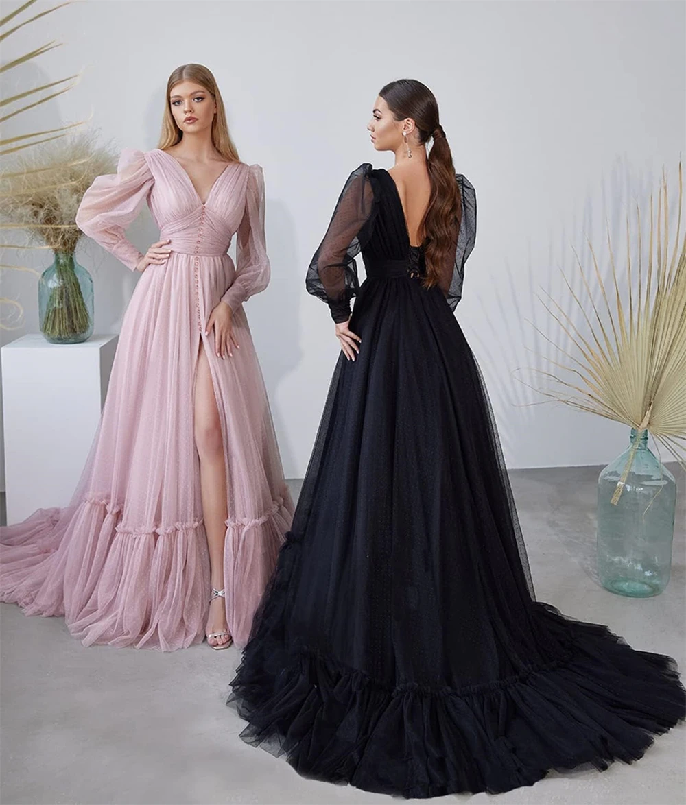 Tulle Off-the-Shoulder V-Neck Button Evening Dresses With Split Backless Long Sleeves Ball Gown A-line Pleated Corset Prom Dress