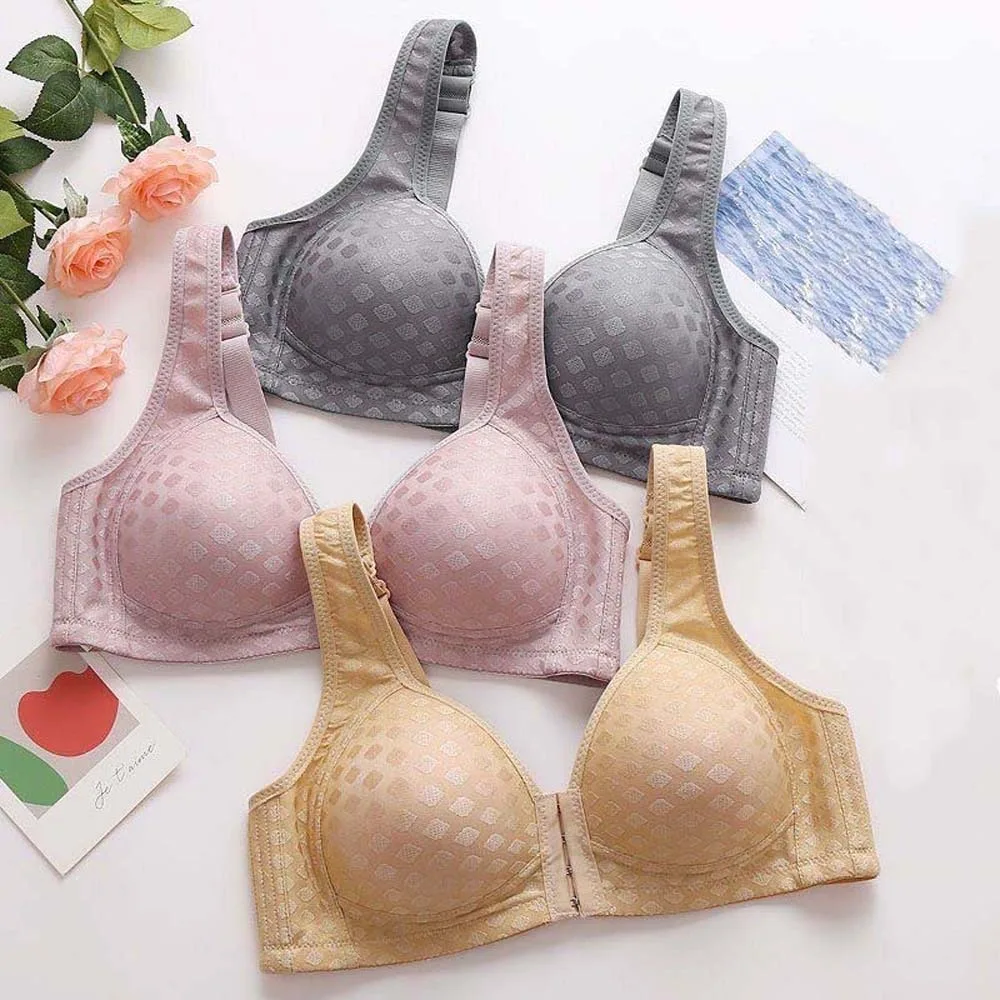 

Adjustable Middle Aged Elderly Bra Close-fitting Gathered Breasts Front Buckle Bra Solid Color Lingerie Large Size Bra Outdoor