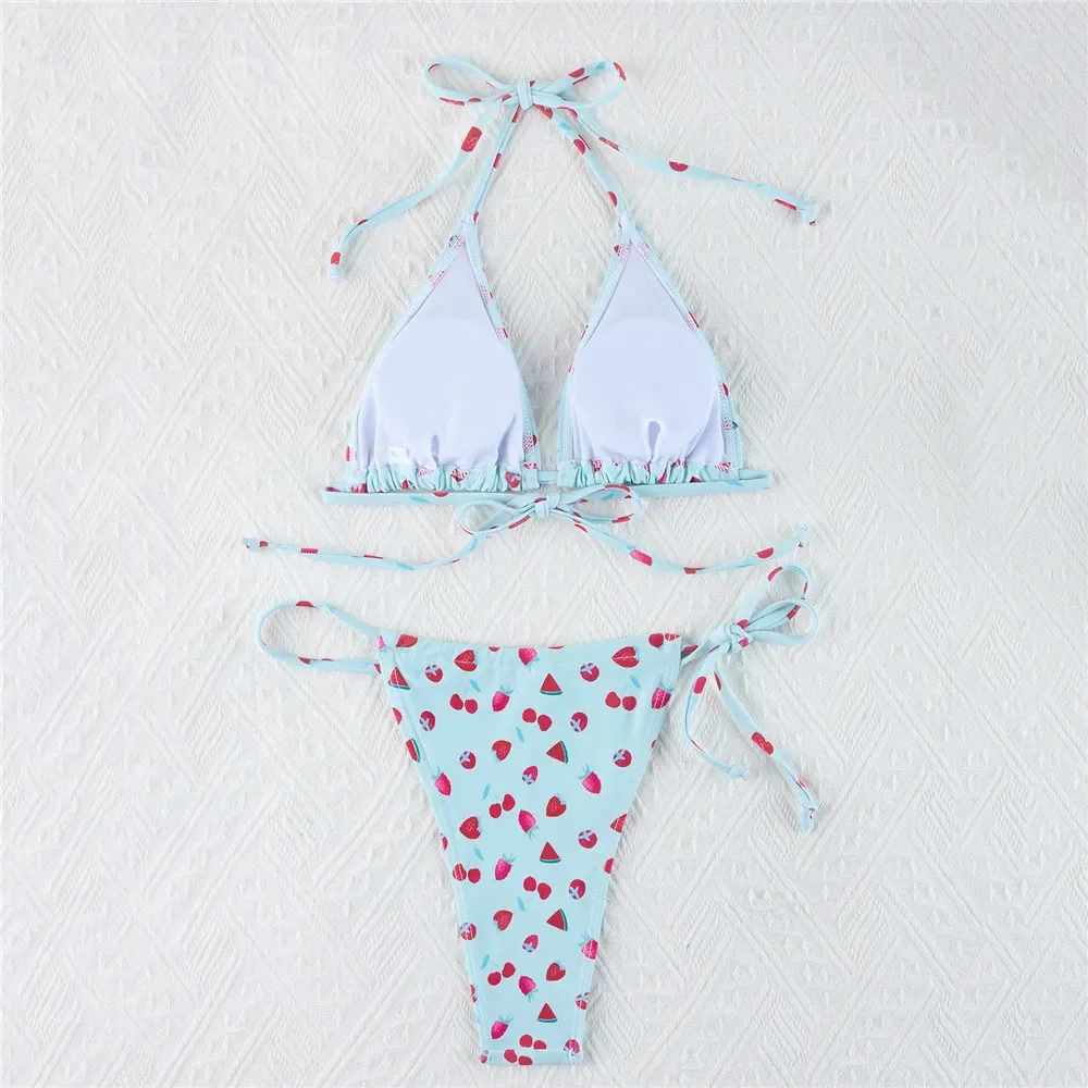 Strawberry Print Swimwear String Halter Triangle Micro Bikini Thong Swimsuit Woman 2024 Bathing Suit Bikinis Set Bathing Suit