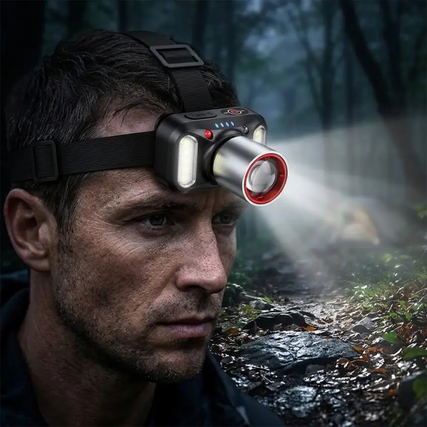 Rechargeable Headlamp with Motion Sensor 6 Lighting Modes IPX7 Rating and 45 Degree Beam Tilt for Precision Lighting
