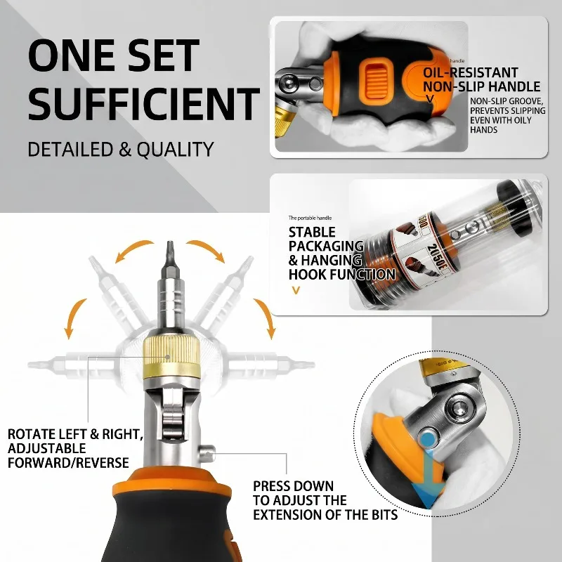 Multi-Angle Ratcheting Screwdriver, Adjustable Bidirectional Ratchet Screwdriver with Quick-Release Bit Holder for Home Workshop