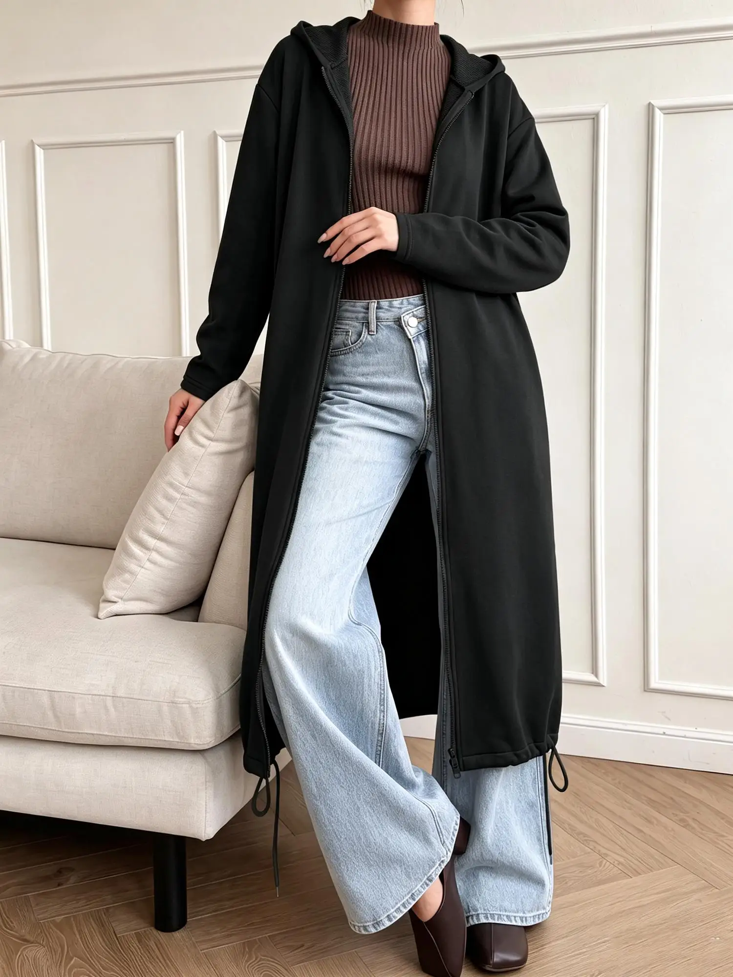 Women Daily Streetwear Long Zip Hoodie Jacket Loose Maxi Length Side Split Hem Pocketed Sweatshirt Coat