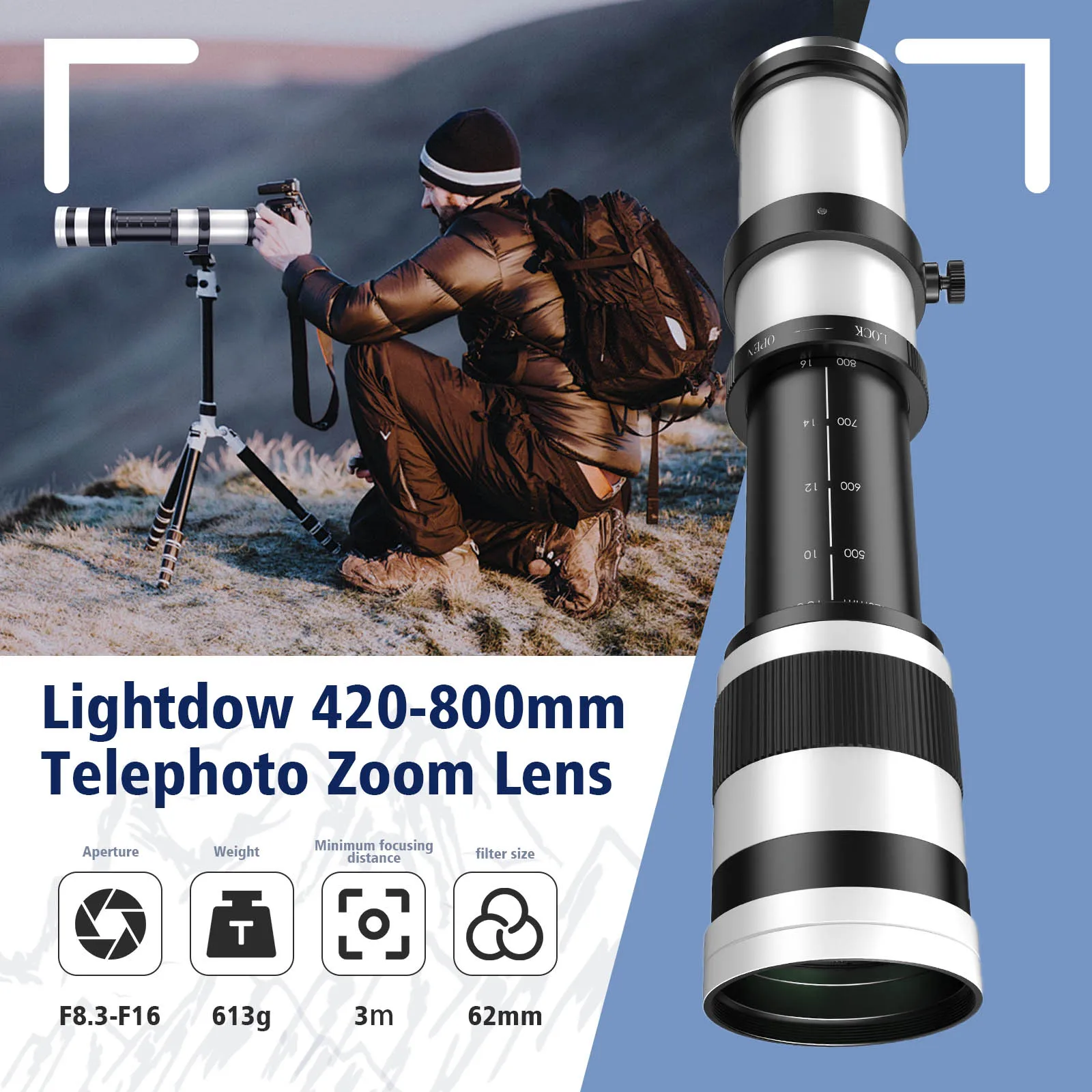 Lightdow 420-800mm F8.3-16 for Canon Nikon Sony Manual Super Telephoto Zoom Lens Universal Filter Size 62mm Lightweight Portable