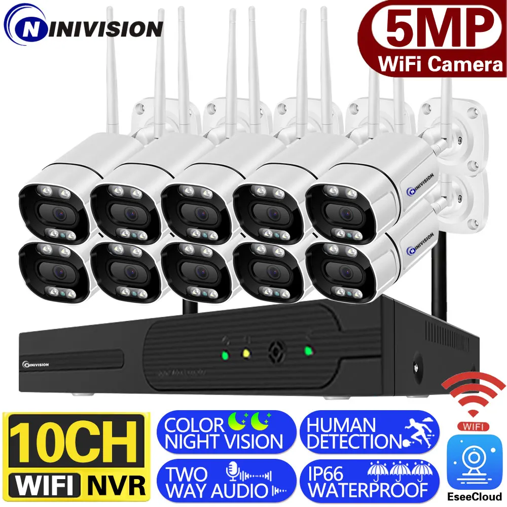 

Беспроводная система видеонаблюдения 10CH 5MP, 8-канальная P2P NVR, двухстороннее аудио, ночное видение, Wi-Fi IP-цилиндрическая камера