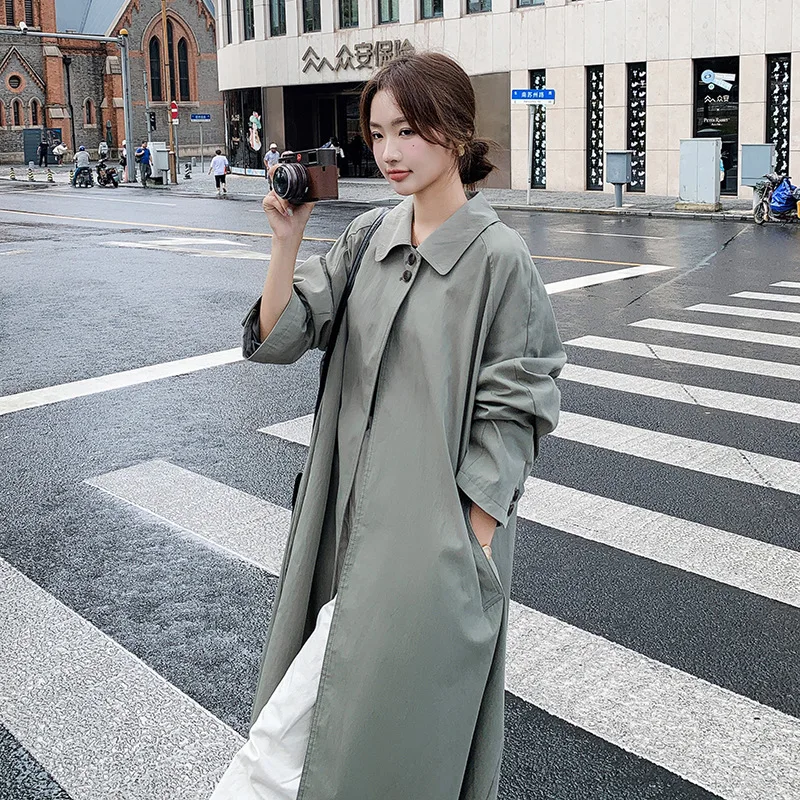 

SuperAen Korean Style Solid Color Lapel Collar Long Trench Coat for Women Spring and Autumn New Popular A-line Coats