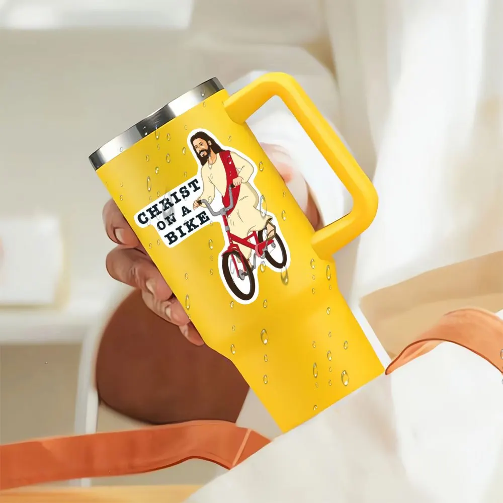 

Забавная виниловая наклейка на бампер автомобиля «Христос на велосипеде»: юмористический дизайн с изображением Иисуса, ездящего на красном велосипеде