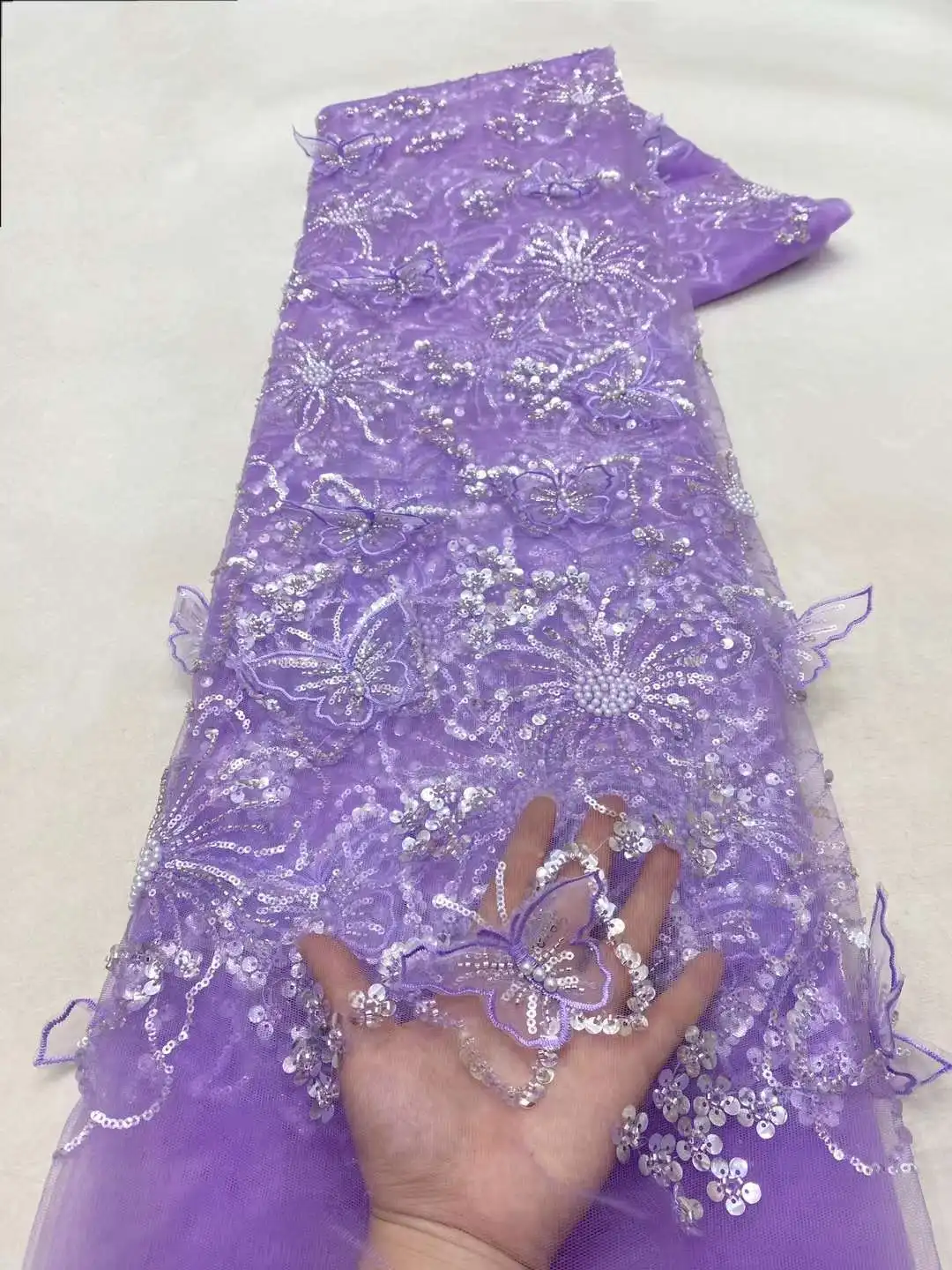 

2024 Latest lilac African Handmade Beaded Lace Fabric French Net Lace Fabric 3D Butterfly Embroidery Beads For Wedding Sewing