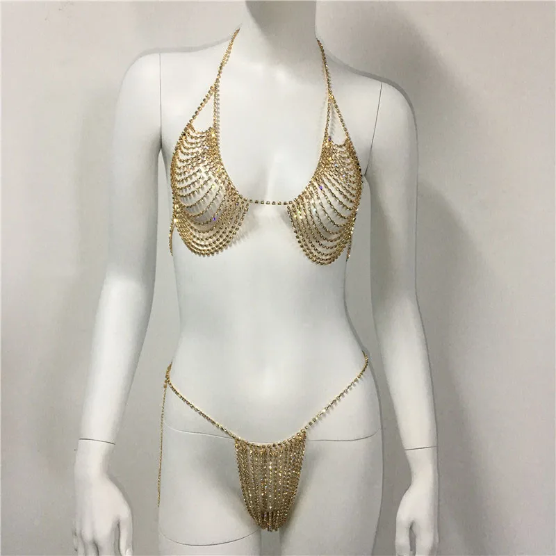 2Piece Set Women Matching Sets Crystal Diamond See Through Bra Tops Summer Beach Bikini String Thong Club Party Rave Suits
