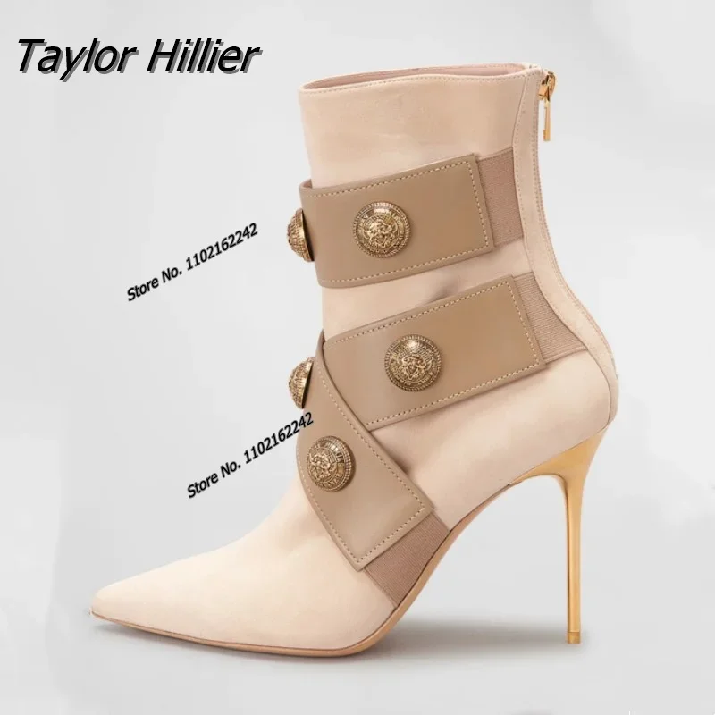 

Ботильоны, женские зимние ботинки с украшением на пуговицах, новая теплая плюшевая обувь на заостренном тонком каблуке, осень 2023, большая женская обувь на молнии сзади