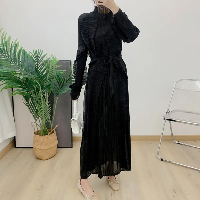 Pleated dress Lace collar Plus size wooden ear lace lace-up slimming women's long dress