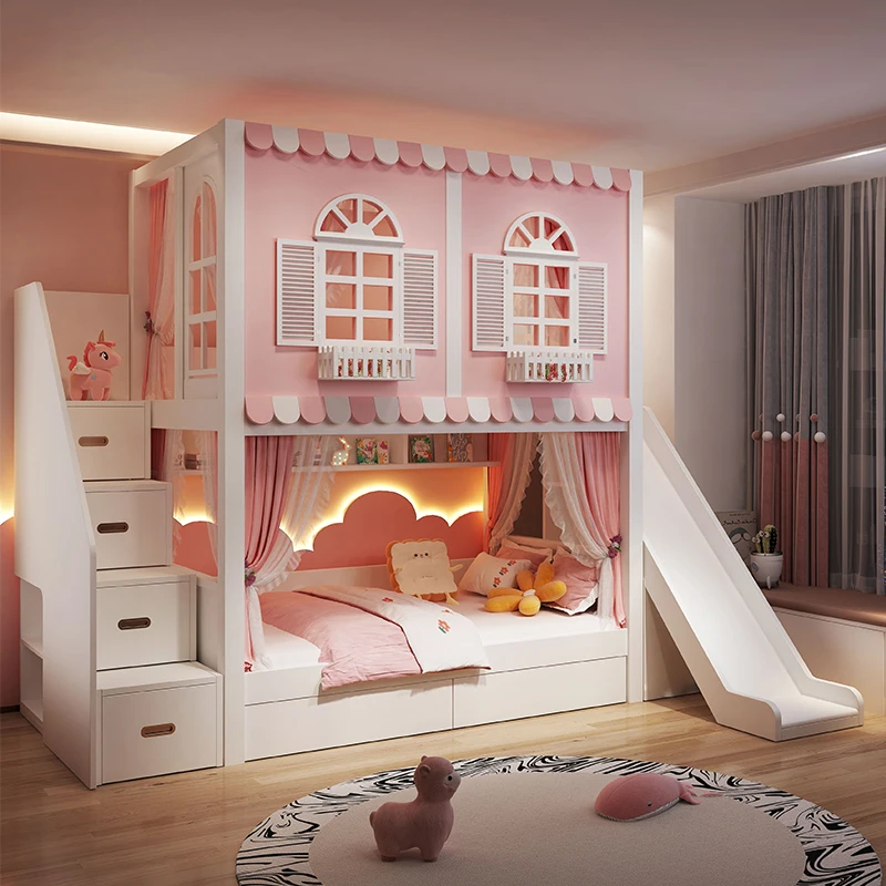 Full solid wood bunk  high and low bed children's bed girl princess  bedroom wardrobe second with slide