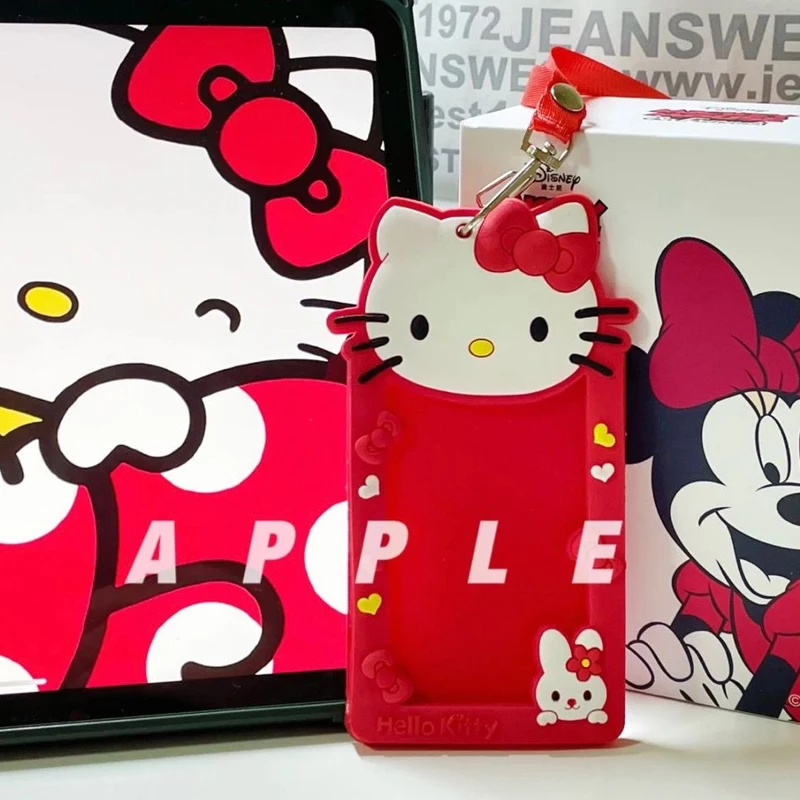 Kawaii Red Hello Kitty Silicone Card Holder Cute Girl Meal Card Protective Cover Work Certificate Case Birthday Gift