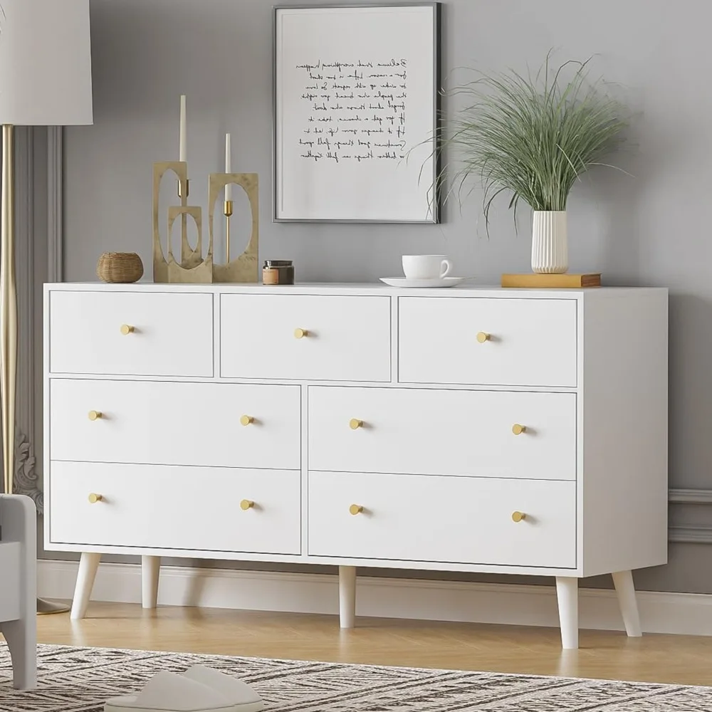 

7 Drawers Dresser for Bedroom, 55'' Dressers & Chests of Drawers with Gold Handles and 7 Large Drawer, Modern Double Wooden Stor