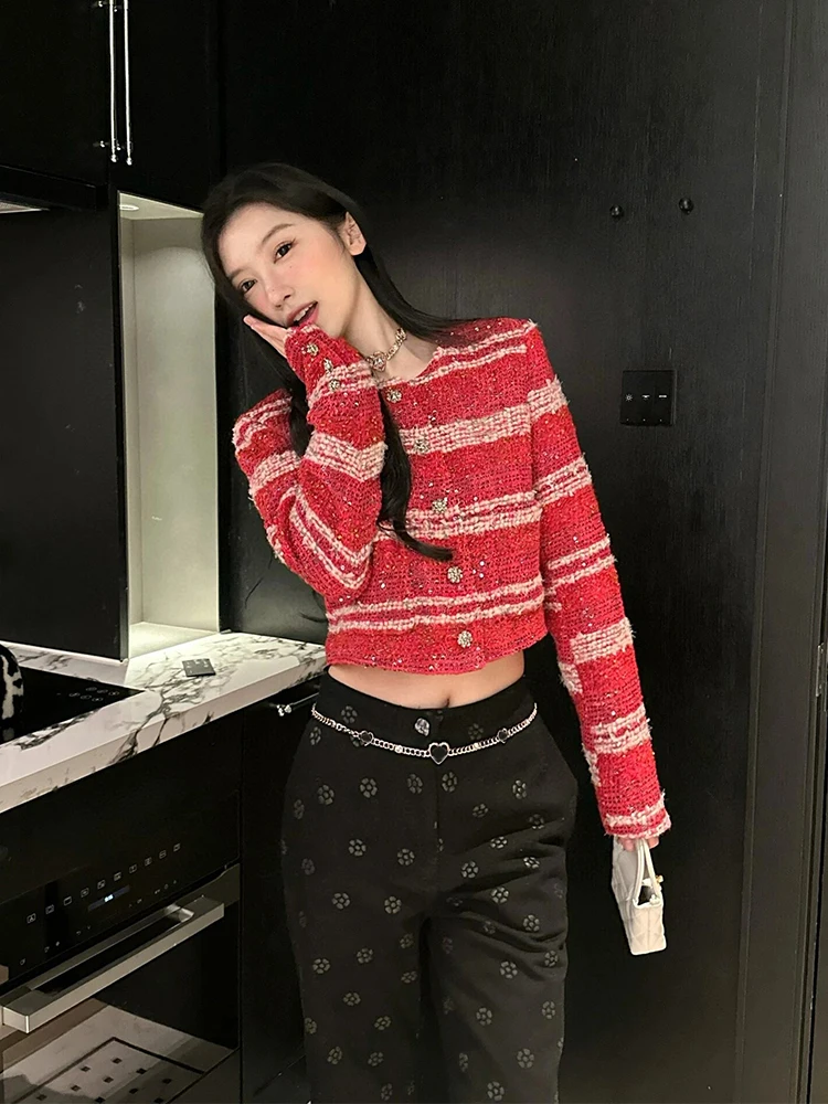 Red Bouclé Jacket Women's Fashion 2026 New Style Elegant High-End Feeling Knitted Outerwear Commute Style Polyester Nylon Com...