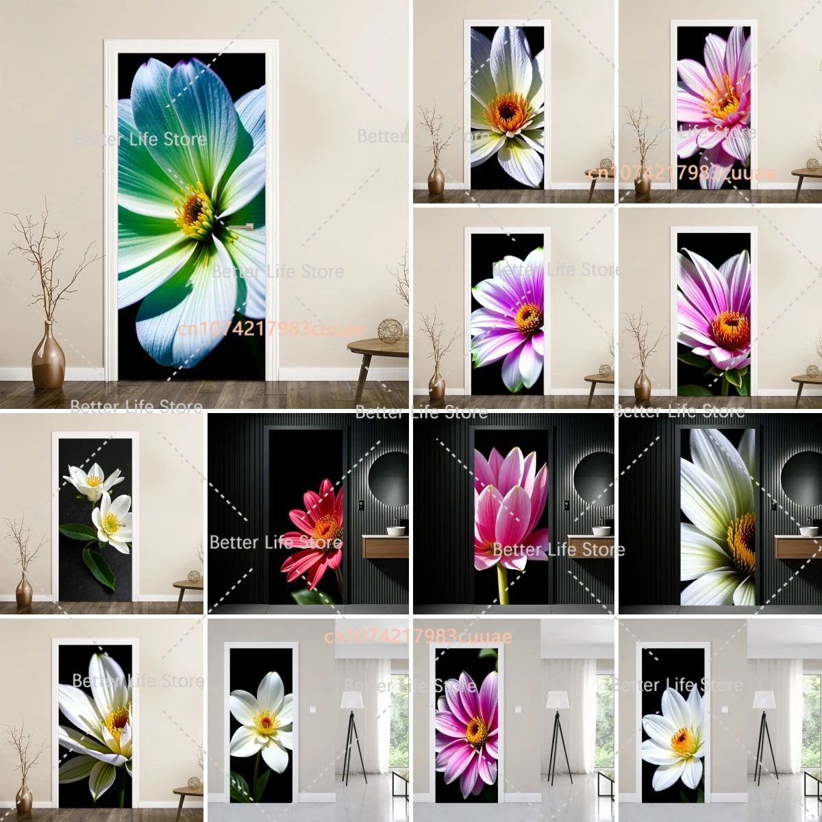 

Floral Poster Set Door Poster Bedroom Mural Lotus Chrysanthemum PVC Self-adhesive Waterproof Home Decoration Stickers Wallpaper