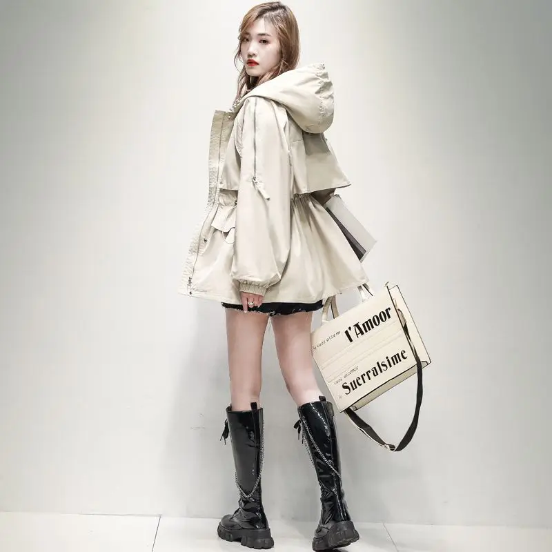 Spring Autumn Windbreaker Hooded Jacket Women Luxury Brand Coats Lace-up Long Sleeve Tops Streetwear Design Patchwork Outerwear