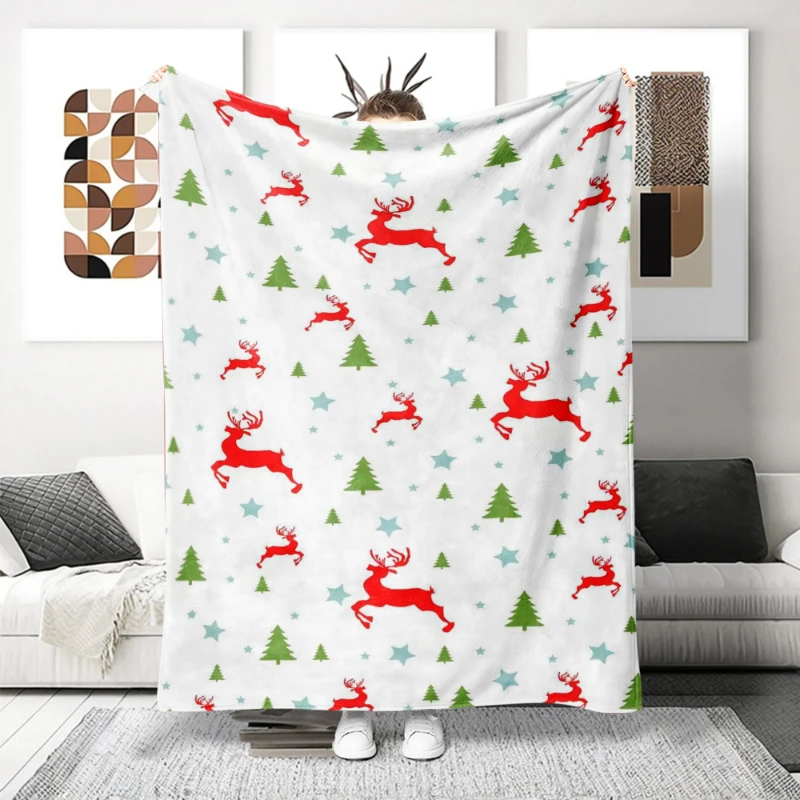 Red Reindeer Pine Tree Snowflake Xmas Throw Blanket，Couch，Window Seat Layer,Birthday Anniversary Home Casual Comfort Gesture