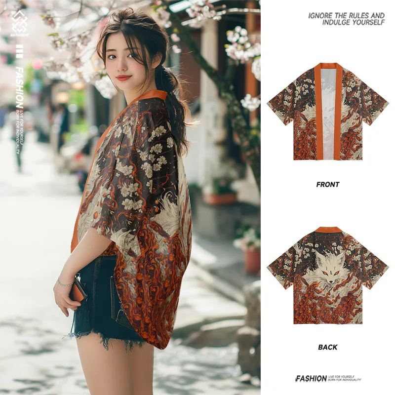 العديد من الأنماط اليابانية إيناري فوكس طباعة كيمونو 2025 الصيف النساء الرجال هاوري المتضخم سترة يوكاتا رداء Harajuku القمم