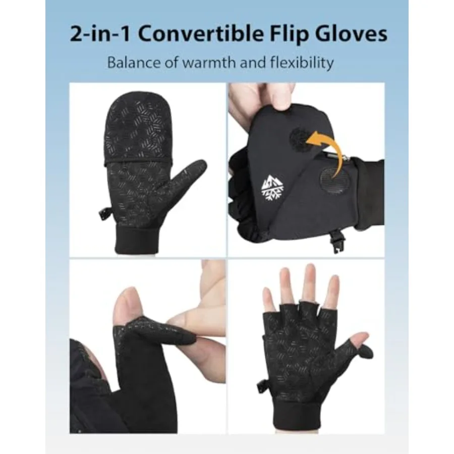 Winter Fingerless Gloves for Men Women, Convertible Mittens with Hand Warmer Pocket, Running Mittens for Photograph