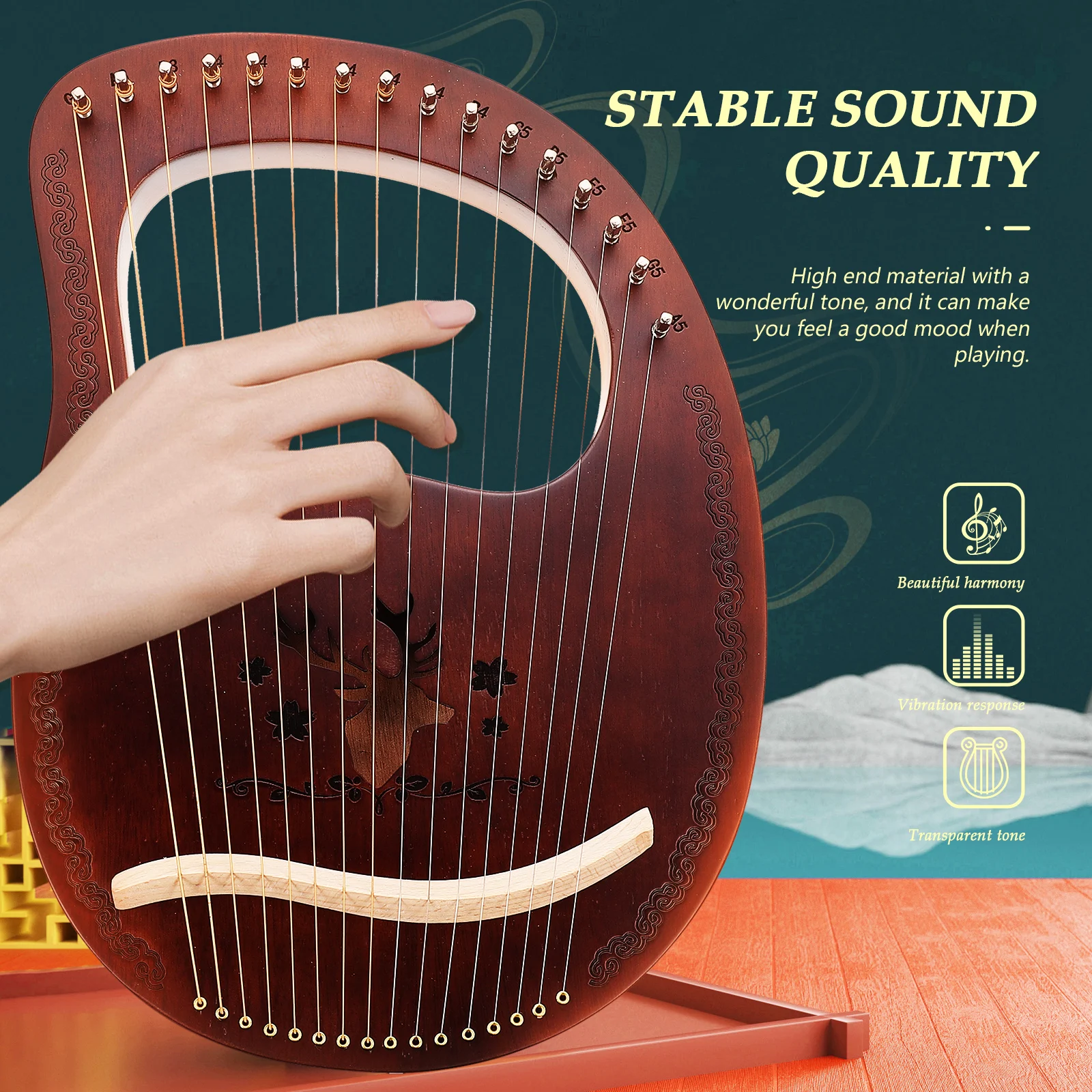 

Wooden Body Lyre Harp Smooth Strings Edges Stable Sound Handheld Plucked Instrument Musical Gift Retro Style String
