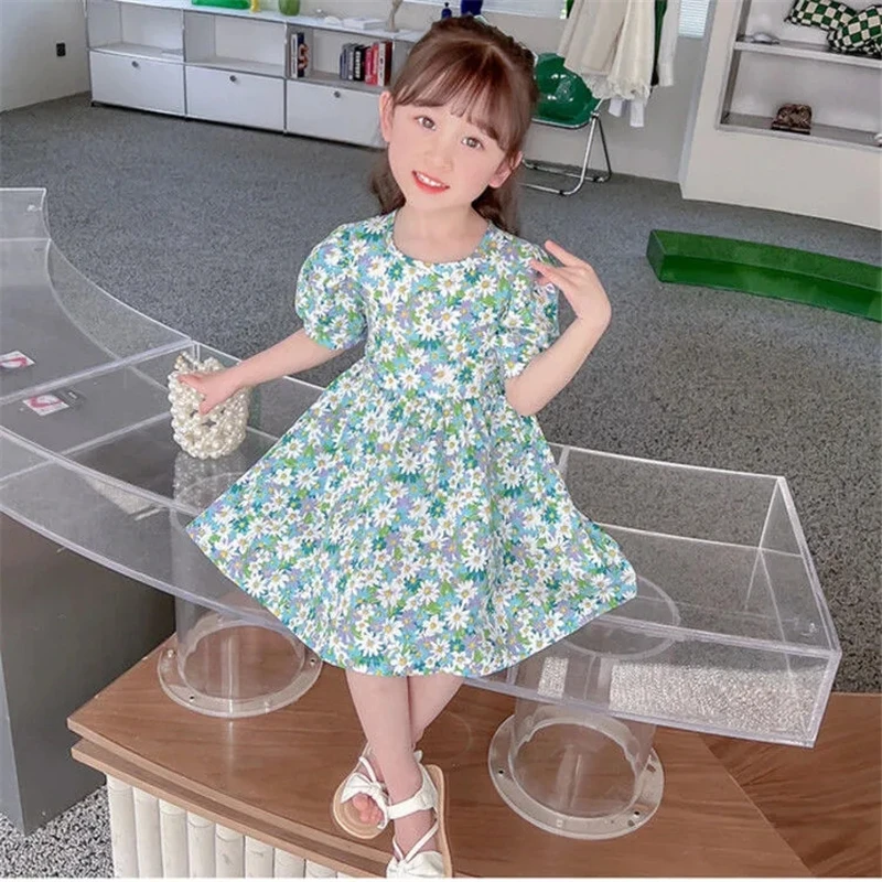 Bow-knot Baby Sweet Short-sleeved Dress Small Fresh Floral Girls Dress Pure Cotton Summer Breathable Children's Round Neck Dress