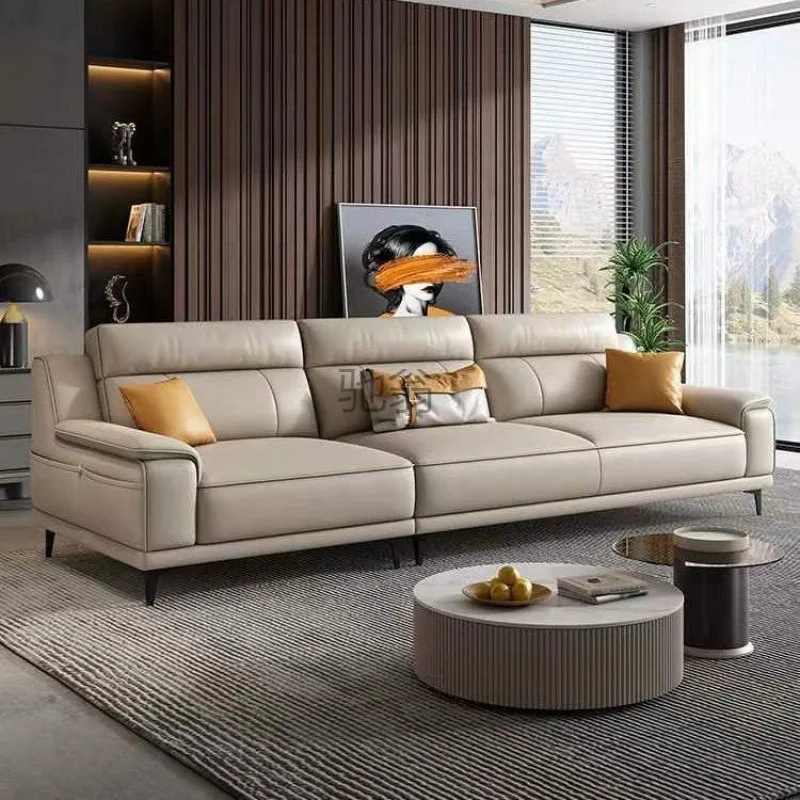 Italian minimalist leather sofa living room size apartment modern straight row cat scratching leather sofa top layer yellow