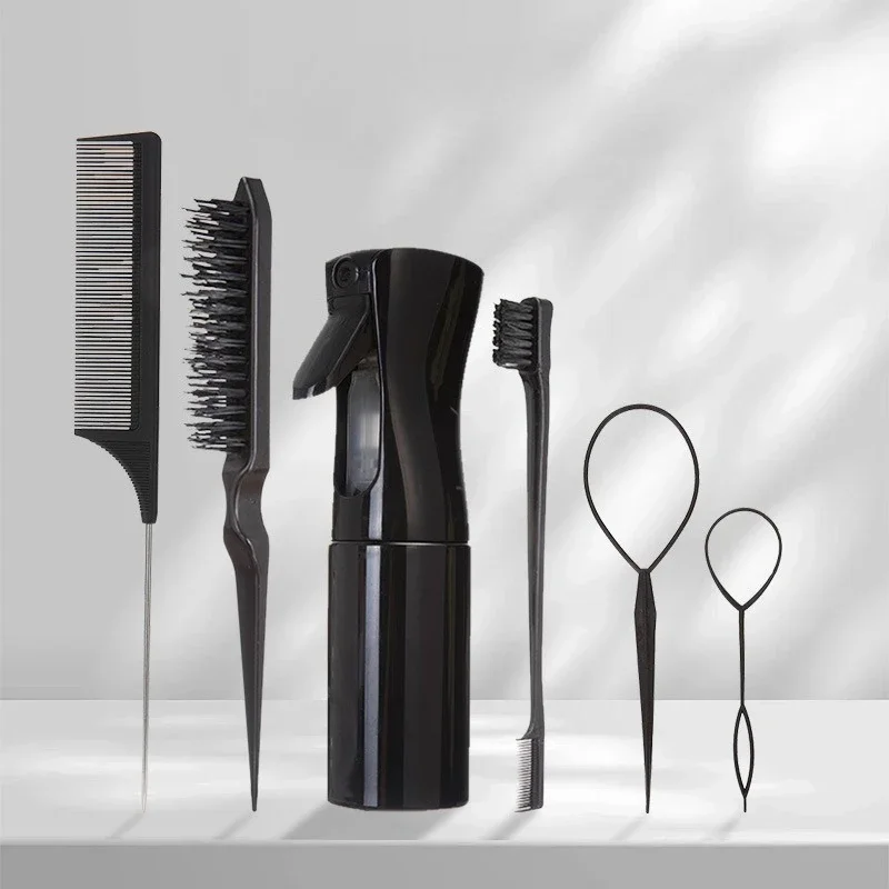6 Piece Hair Styling Set with Hairpins Teasing Brush Tail Comb Continuous Spray Bottle Kit for Professional Home Salon Tool Use