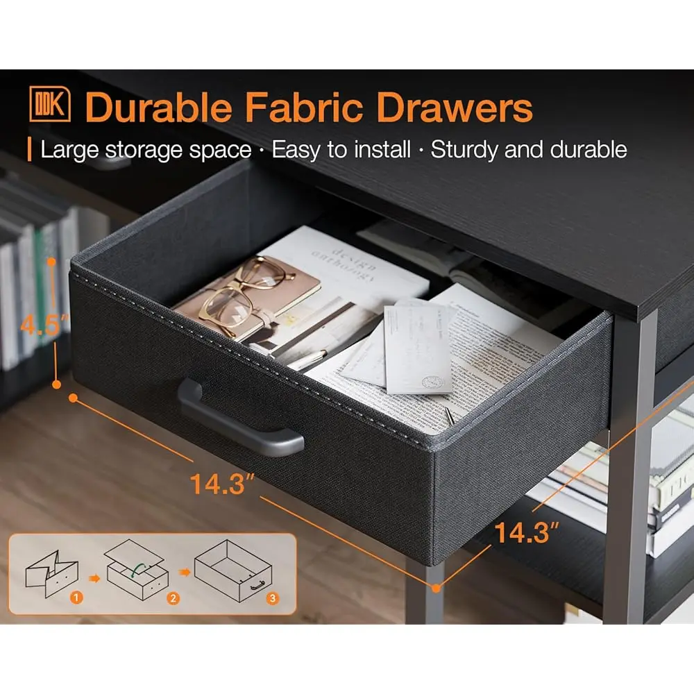 مكتب كمبيوتر صغير: طاولة منزلية مع أدراج قماشية وأرفف تخزين، مكتب كتابة حديث، أسود، 48 بوصة × 16 بوصة